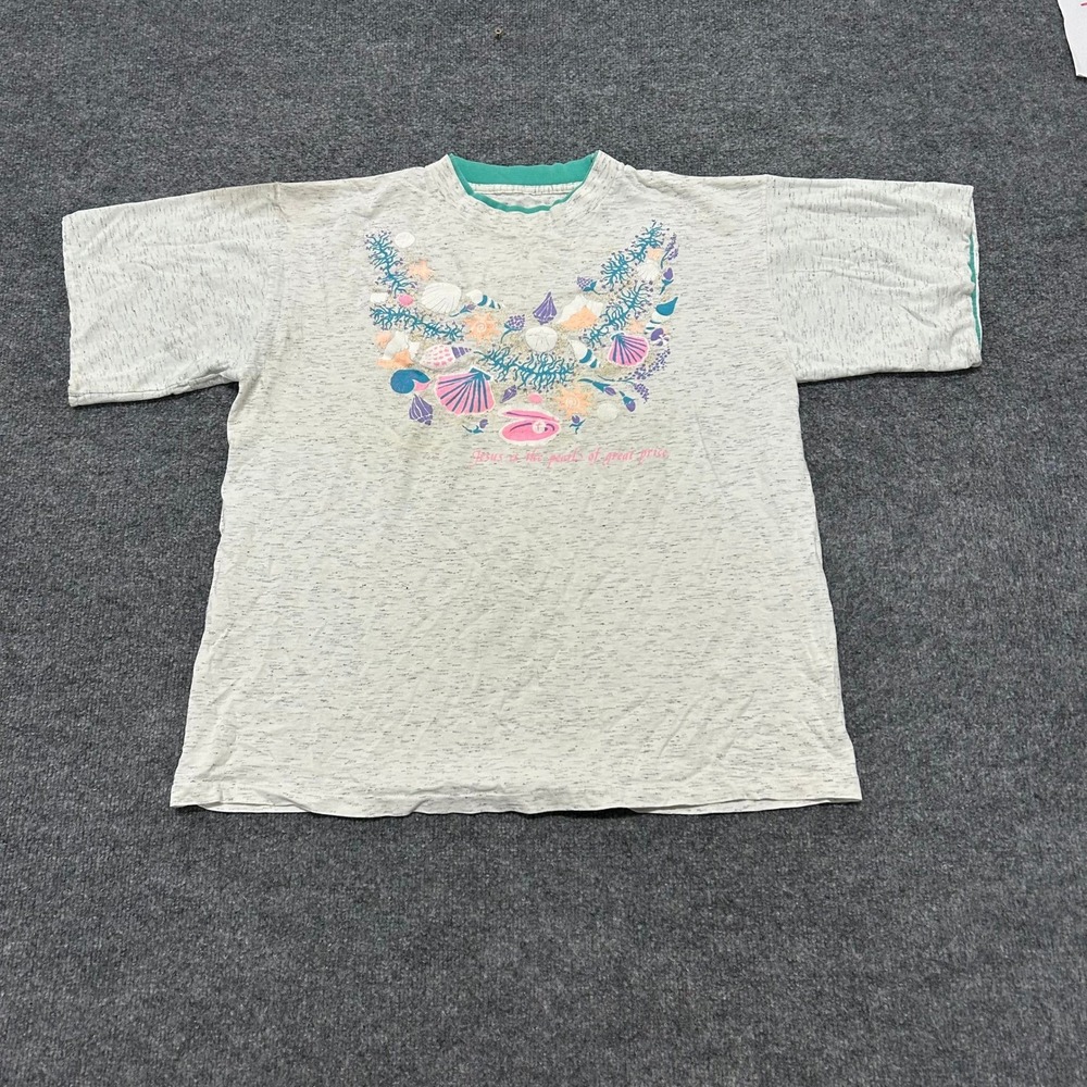 Unbranded T-Shirt Womens Size M Grey Vintage Graphic Shells Teal Collar Boxy Fit